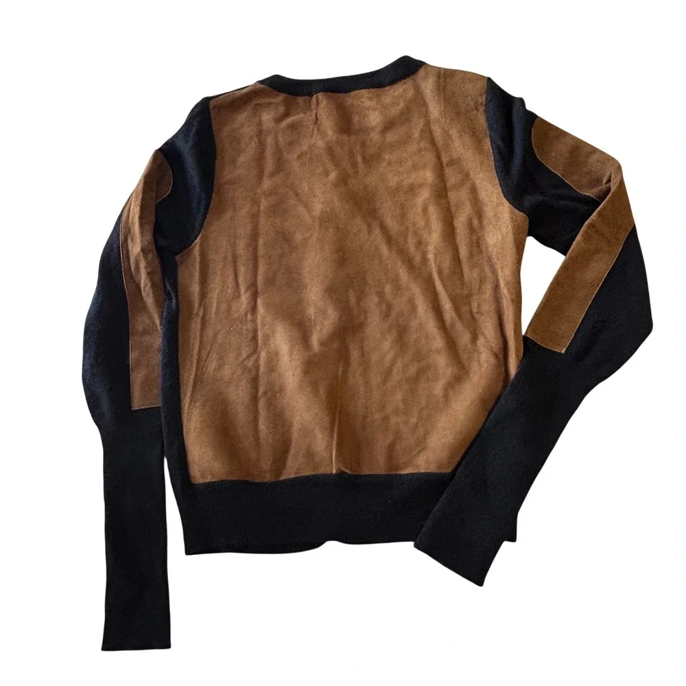 Anthropology Cashmere Cardigan Small Black Brown Leather Elbow Patch Sweater